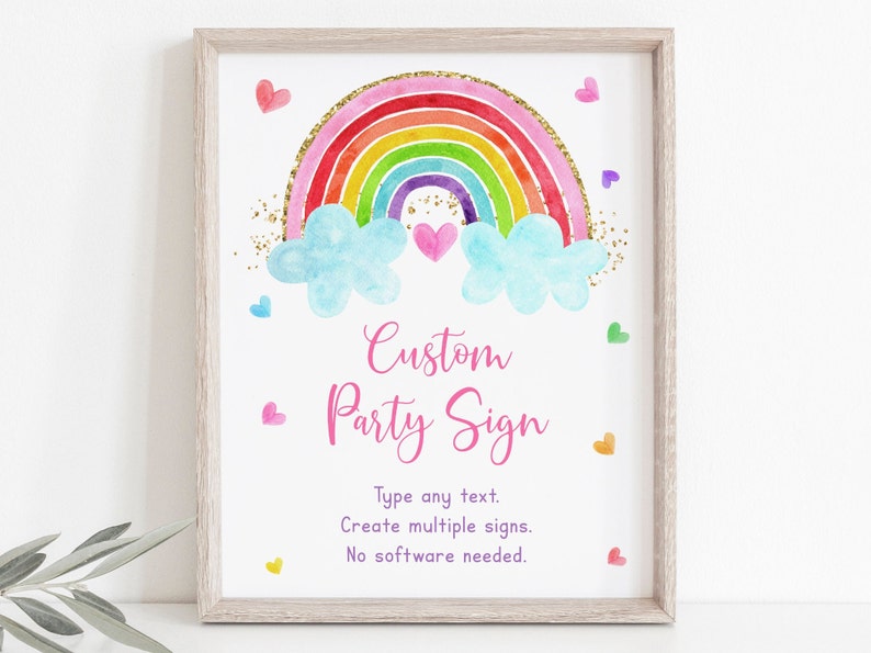 Editable Rainbow Birthday Sign Party Sign Girls Rainbow Party Pink Gold Rainbow Clouds Hearts Watercolor Rainbow Digital Download A661 image 1