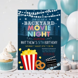 Editable Backyard Movie Night Birthday Invitation Movie Under the Stars Outdoor Backyard Movie Party Boy Girl Popcorn Digital Download A584