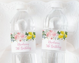 Editable Lemonade Birthday Water Bottle Labels Sunshine Lemonade Pink Lemonade Pink Gold Floral Girl Lemonade Party Digital Download A613