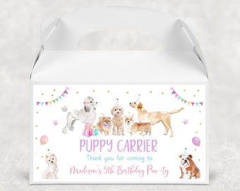 Puede incluir: Caja de regalo blanca con un diseño colorido que presenta una variedad de perros con sombreros de fiesta. La caja tiene el texto "Puppy Carrier" y "Gracias por venir a la fiesta de cumpleaños de Madison de 5 años".