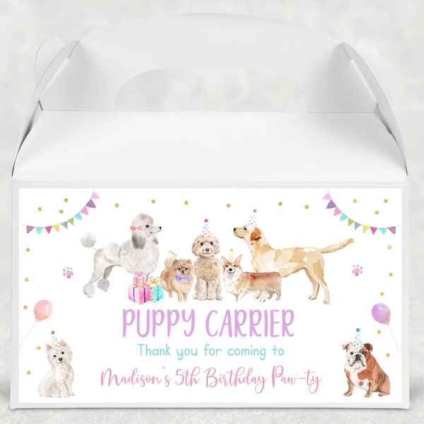 Editable Puppy Carrier Birthday Favor Box Label Gable Box Label Paw-ty Girl Puppy Party Animal Shelter Vet Puppy Dog Balloons Download A621