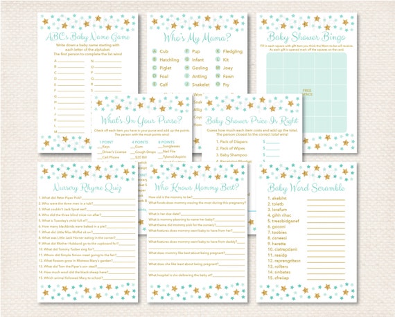 8 Printable Signs Twinkle Little Star Mint Green Gold Baby Shower Table Signs