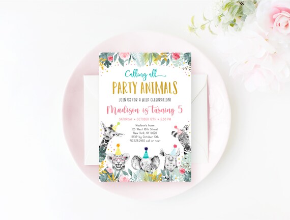 Editable Party Animals Birthday Invitation Pink Gold Safari Birthday Safari Animals Zoo Animals Girl Safari Party Digital Download A557 Il_570xn