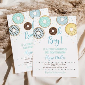 Convite editável para chá de bebê Donut, Donuts e fraldas, chá de bebê menino, Donut azul, Donut, para impressão, download instantâneo digital A501