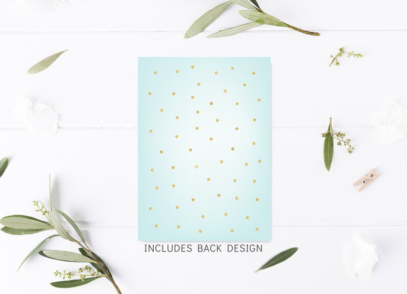 May include: A light blue card with a gold polka dot pattern. The text "INCLUDES BACK DESIGN" is printed at the bottom of the card.