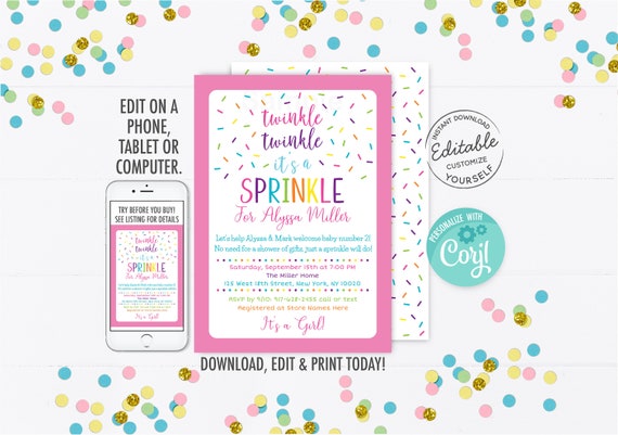 EDITABLE Pink Baby Sprinkle Invitation Twinkle Twinkle Sprinkle Baby Girl Sprinkle Rainbow Sprinkle Digital Printable Instant Download A109 Il_570xn
