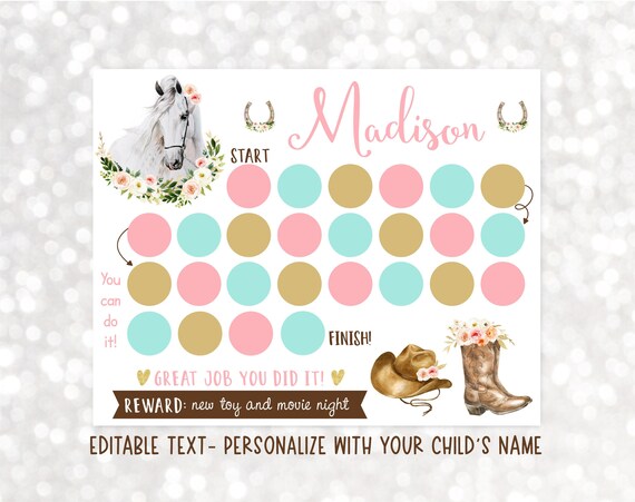 Editable Horse Reward Chart, Horse Sticker Chart, Cowgirl Pony Pink ...