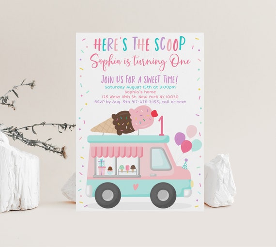 EDITABLE Ice Cream Truck Birthday Invitation Here's The Scoop Birthday Invite Girl Ice Cream Party Any Age Printable Digital Template A553 Il_570xn