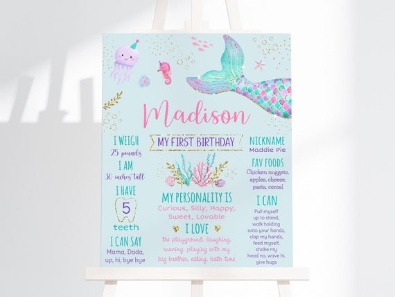 Editable Mermaid Birthday Milestone Sign Girls Mermaid Party Under The Sea Party Mermaid First Birthday Printable Digital Download A615 Il_570xn