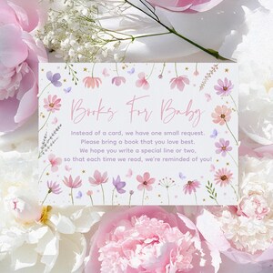 Wildflower babyshower boek verzoekkaarten, boeken voor baby, baby in bloei douche, boho roze paarse vlinder bloem wilde bloemen digitale A769