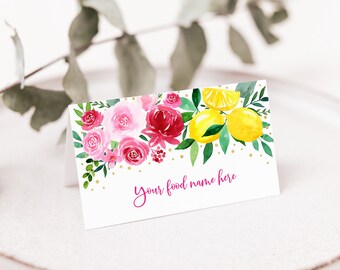 Editable Lemon Pink Floral Birthday Tent Cards Food Labels Main Squeeze Birthday Lemonade Party Girl Lemon Party Digital Download A734