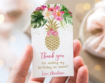 May include: A white thank you tag with a gold pineapple and pink flowers. The text reads "Thank you for making my birthday so sweet! Love, Madison".