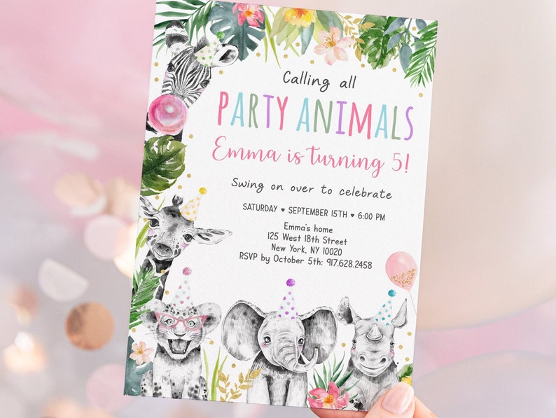 Editable Party Animals Birthday Invitation Girl Pink Gold Tropical Safari Birthday Invite Girl Jungle Party Digital Download