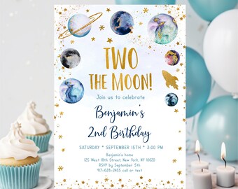 Editable Two The Moon Space Birthday Invitation Galaxy Planets Outer Space Birthday Party Gold Rocket Ship Boy Girl Printable Digital A586