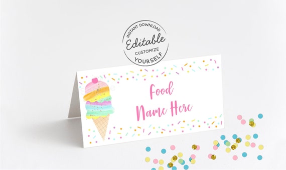 EDITABLE Ice Cream Birthday Tent Cards, Food Labels, Place Cards, Ice Cream Birthday Party, Rainbow Ice Cream, Printable Digital A499 Il_570xn