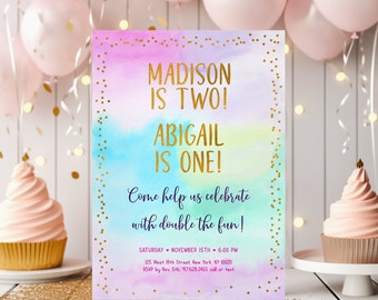 Editable Rainbow Joint Birthday Invitation Rainbow Birthday Invite Girls Rainbow Party Pink Gold Pastel Rainbow Confetti Download A656