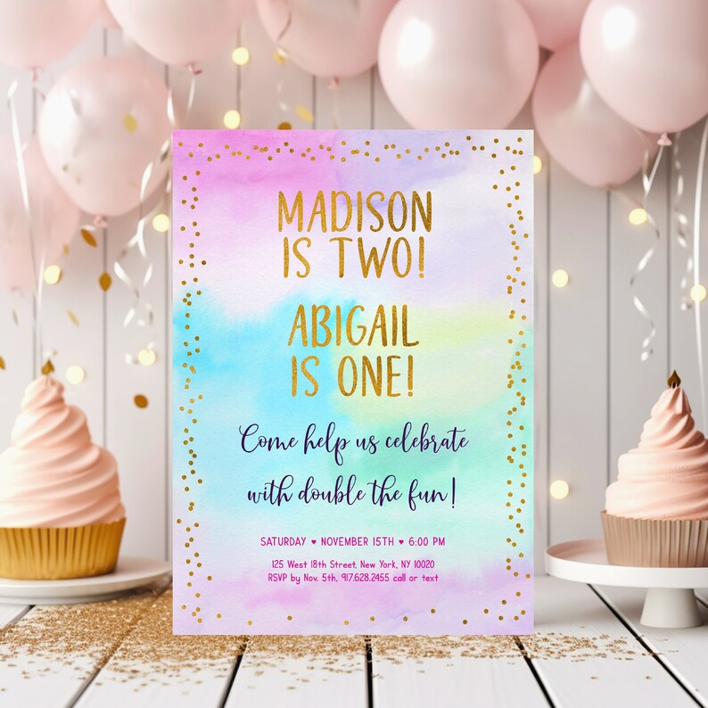 Editable Rainbow Joint Birthday Invitation Rainbow Birthday Invite Girls Rainbow Party Pink Gold Pastel Rainbow Confetti Download A656 image 1