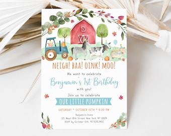 Editable Fall Farm Birthday Invitation Farm Animals Pumpkin Barnyard Boy Birthday Invite Digital Printable Instant Download Template A511