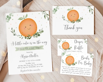Editable Little Cutie Baby Shower Invitation Bundle Clementine Greenery Gender Neutral Diaper Raffle Book Card Suite Digital Download A535