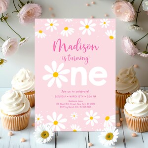 Pink Daisy First Birthday Invitation Retro Daisy Birthday Invite Boho Daisy Party Girl Flower First Birthday Editable Digital Download A691