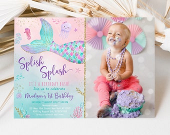 Editable Mermaid Birthday Invitation Mermaid Tail Birthday Invite Girls Under The Sea Party Pink Purple Gold Printable Digital Download A615