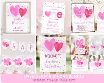 May include: A pink and gold printable birthday party bundle with a sweetheart theme. The bundle includes 10 templates with editable text, such as a welcome sign, cupcake toppers, and favor tags. The text on the image reads "Sweetheart Birthday Bundle" and "10 Templates - Editable Text".