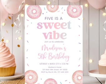 Donut Birthday Invitation, Five is a Sweet Vibe, Pastel Pink Purple, Editable Digital Download A787