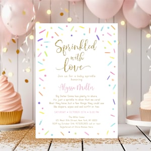 Editable Baby Sprinkle Invitation Sprinkled with Love Invite Rainbow Gold Gender Neutral Watercolor Sprinkles Digital Download A642