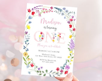 Editable Wildflower First Birthday Invitation Watercolor Wildflower Birthday Flower Birthday Pink Floral Garden Party Digital Download A693