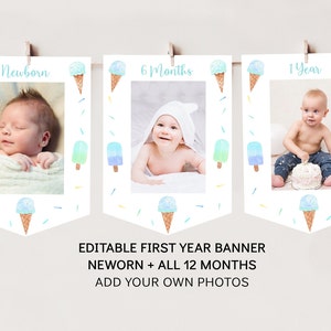 Ice Cream First Birthday Banner Monthly Photo Banner Blue Boy Ice Cream Party Modern Watercolor Ice Cream First Year Banner Download A673