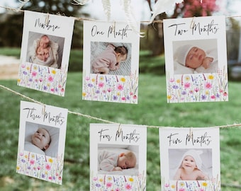 Wildflower First Birthday Banner Monthly Photo Banner, Garden Birthday, Delicate Pink Purple Wildflowers, Meadow, Flowers, Digital A778