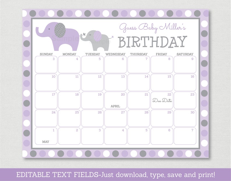 Purple Elephant Baby Due Date Calendar Elephant Baby Shower Birthday Predictions Calendar INSTANT DOWNLOAD Editable PDF A409