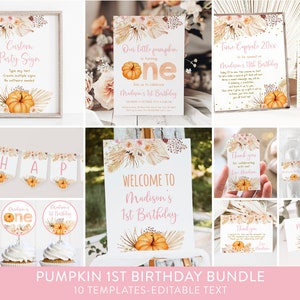 編集可能な小さなカボチャの1歳の誕生日バンドル ボヘミアンカボチャの誕生日招待状 秋の秋の花柄 1歳の誕生日印刷可能 デジタル A641
