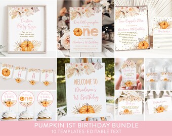 May include: A printable pumpkin-themed first birthday party bundle with 10 editable templates. The bundle includes a welcome sign, a custom party sign, a time capsule, cupcake toppers, a banner, thank you tags, and water bottle labels. The design features a watercolor pumpkin, fall leaves, and pampas grass in shades of orange, pink, and brown.