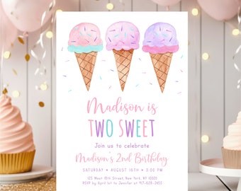 May include: A pink and white invitation with a watercolor illustration of three ice cream cones with sprinkles. The text reads "Madison is TWO SWEET. Join us to celebrate Madison's 2nd Birthday. Saturday, August 16th, 3:00 PM. 125 West 18th Street, New York, NY 10020. RSVP by April 1st to Jennifer at 917-628-2455."