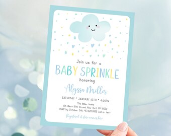 May include: A blue baby sprinkle invitation with a cartoon cloud with a smiling face and raindrops. The text reads "Join us for a Baby Sprinkle honouring Alyssa Miller. Saturday, January 15th, 4:00 PM. The Miller home, 125 West 18th Street, New York, NY 10020. RSVP by 5th October, 917.628.2455 call or text. Registered at store names here."