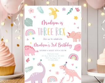 Editable Pink Dinosaur Three Rex Birthday Invitation, Boho Dinosaur Birthday Invite, 3rd Birthday, Girl Dinosaur Party, Digital A736