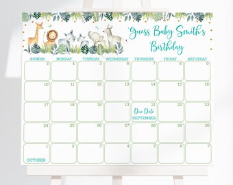 May include: A printable calendar with a jungle theme. The calendar is decorated with green leaves, gold glitter, and animal illustrations. The text on the calendar says "Guess Baby Smith's Birthday".