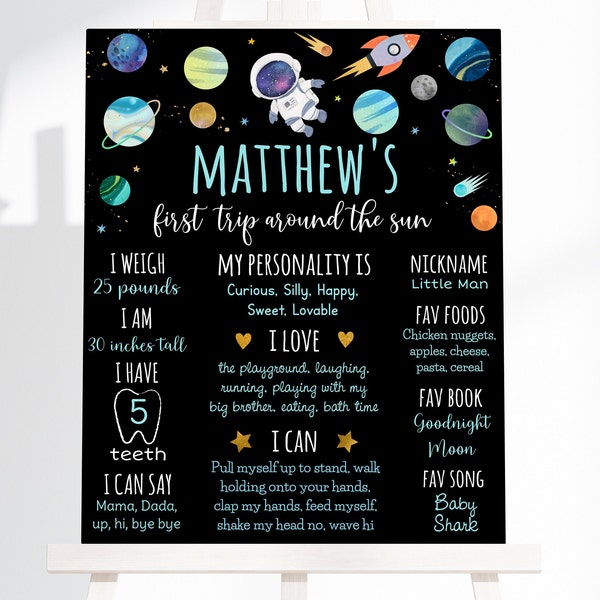 Editable Outer Space Birthday Milestone Sign First Trip Around The Sun Astronaut Galaxy Planets Moon Rocket Ship Printable Digital A654