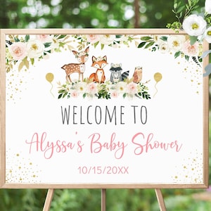 Bearbeitbare Mädchen Wald Baby Dusche Willkommensschild Waldtiere Waldtiere Rosa Wald Digital druckbare Sofortiger Download A516