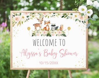 Editable Girl Woodland Baby Shower Welcome Sign Woodland Animals Forest Animals Pink Woodland Digital Printable Instant Download A516