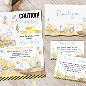 Bearbeitbare Konstruktion Babypartyeinladung Bundle Baulastwagen Junge Babyparty Windelraffle Buch Kartenreihe Digitaler Download A665