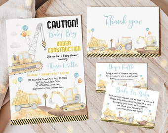 Editable Construction Baby Shower Invitation Bundle Construction Trucks Boy Baby Shower Diaper Raffle Book Card Suite Digital Download A665