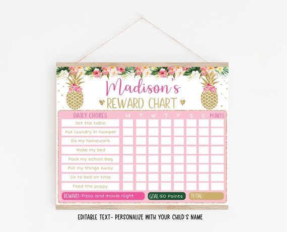 Editable Pineapple Reward Chart, Chore Chart, Behavior Chart, Girl ...