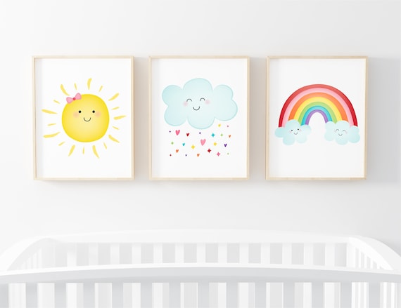 Cute Kawaii Rainbow Cloud Print Modern Nursery Baby Wall Art Picture Girls Room