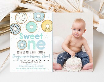Editable Donut Sweet One Birthday Invitation Blue Donut Boy First Birthday Donut Party Doughnut Sprinkles Printable Digital Download A501