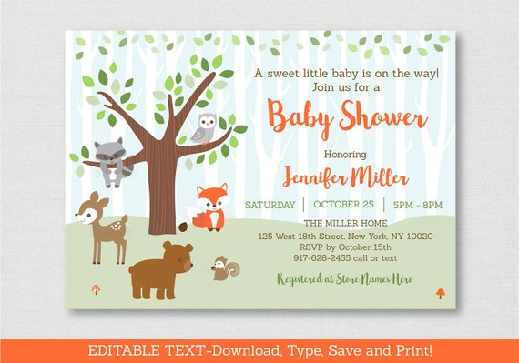 Woodland Baby Shower Invitation / Woodland Animal Baby Shower / Baby Woodland Animals / Forest Animals / EDITABLE PDF A469 Il_570xn