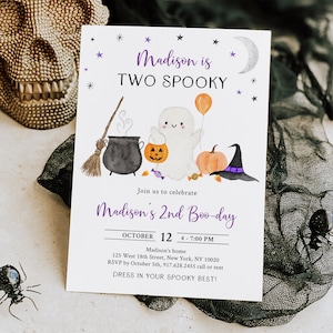 Editable Two Spooky Ghost Birthday Invitation Ghost Second Birthday Invite Girl Pumpkin Halloween Party Digital Download A702