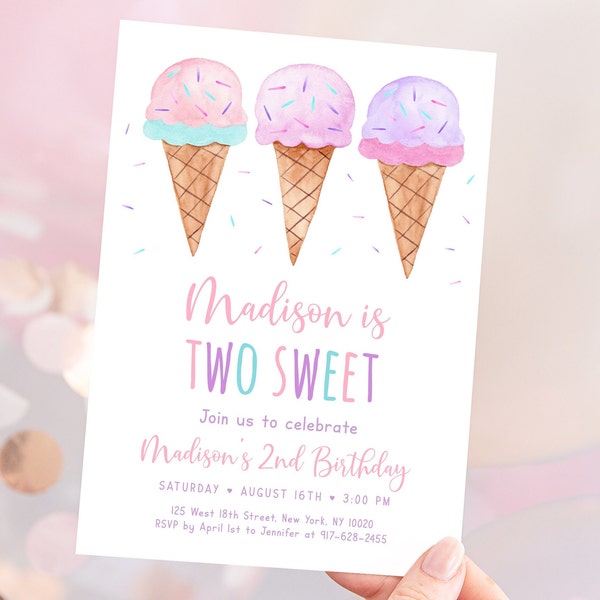 Editable Ice Cream Birthday Invitation Two Sweet Birthday Modern Ice Cream Second Birthday Ice Cream Party Watercolor Digital Download A673