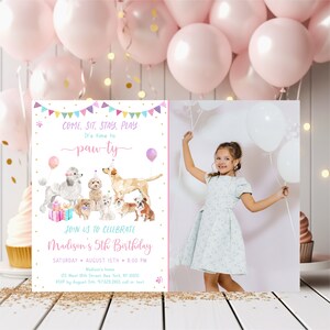 Editable Puppy Birthday Invitation Let&#39;s Paw-ty Girl Puppy Birthday Invite Puppy Dog Birthday Pink Gold Balloons Digital Download A621